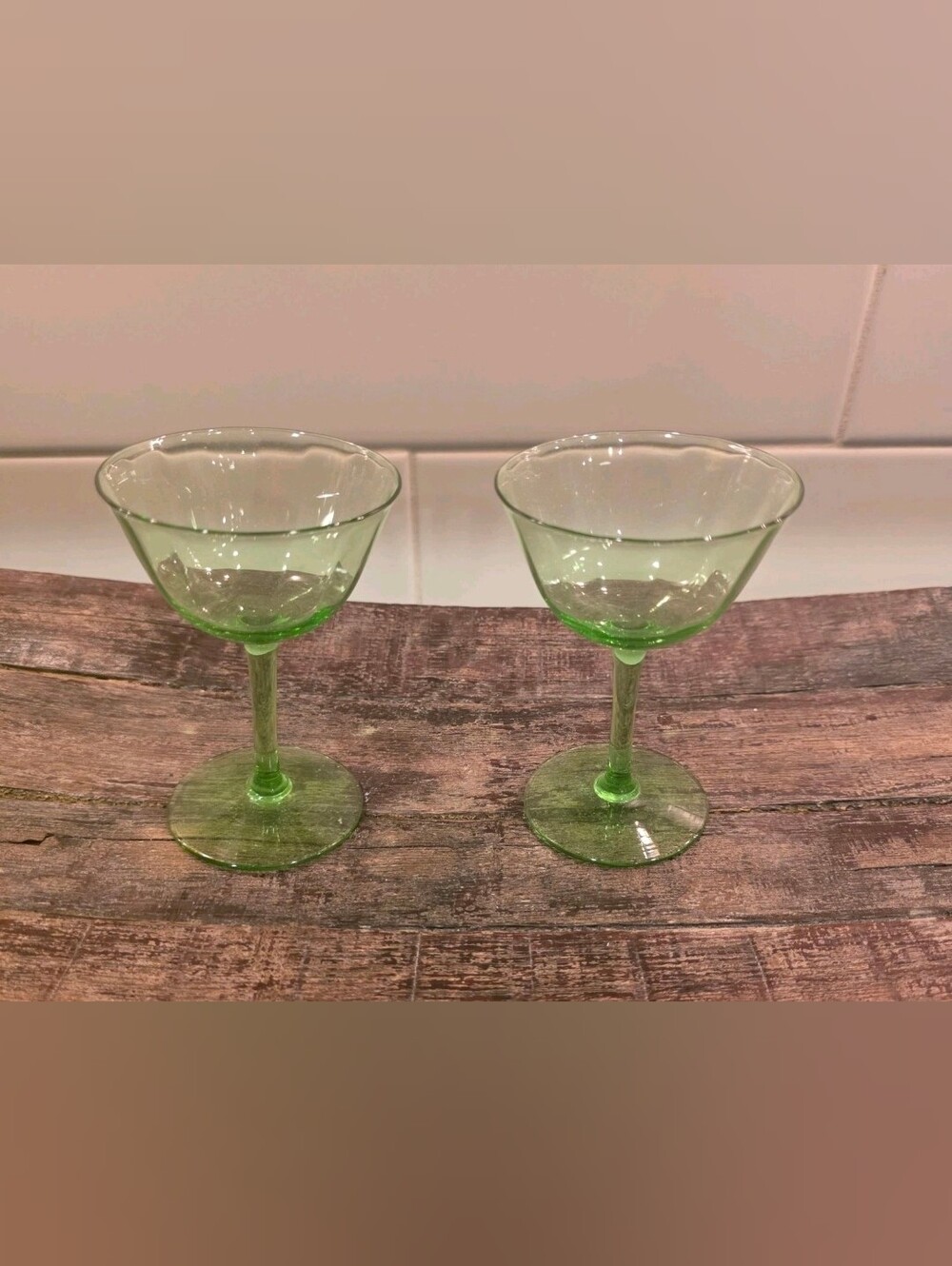 Vintage Vaseline Uranium Cordial Green Depression Glasses Set Of 2